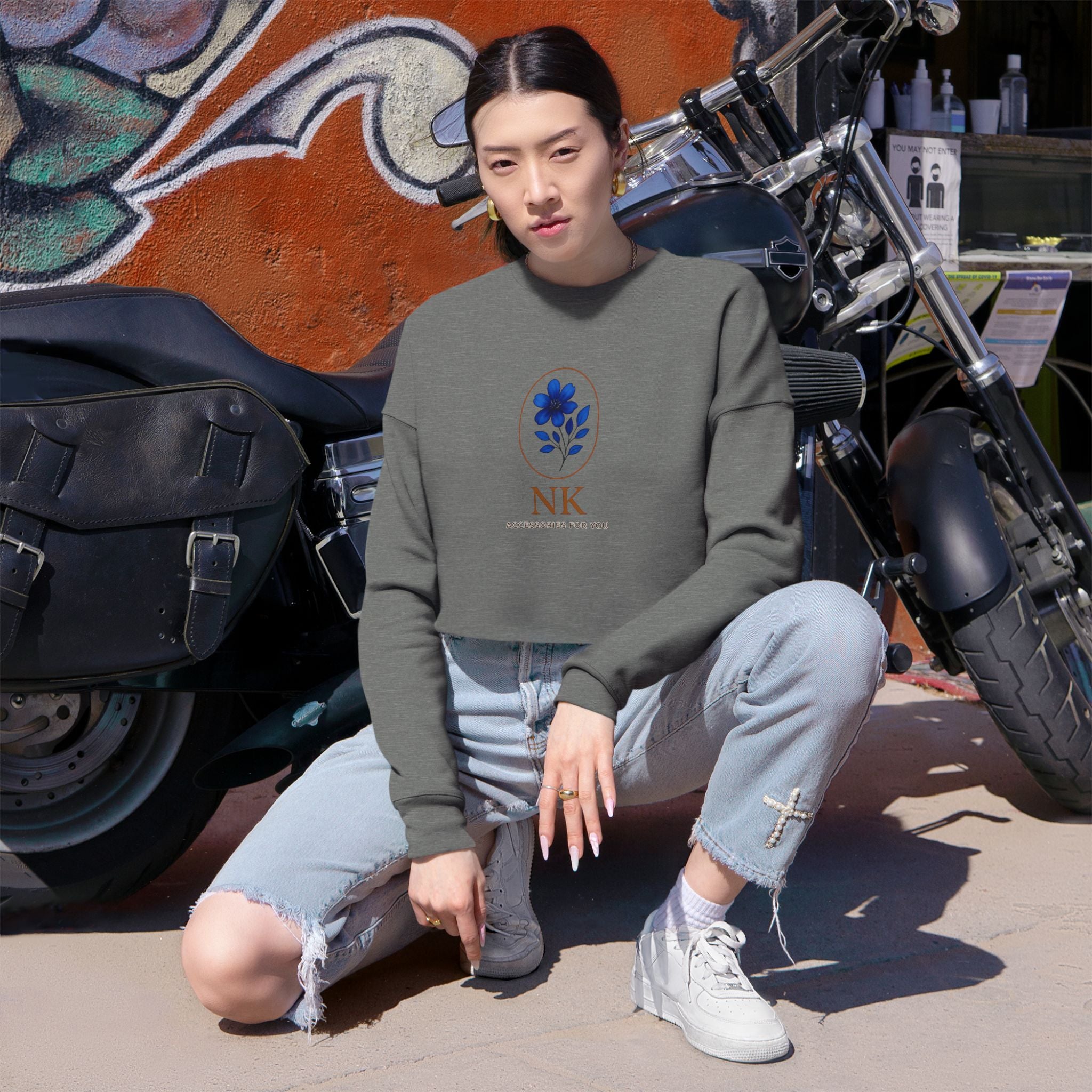 Cropped Sweatshirt — Minimal Floral 'NK' Logo Cropped Sweatshirt