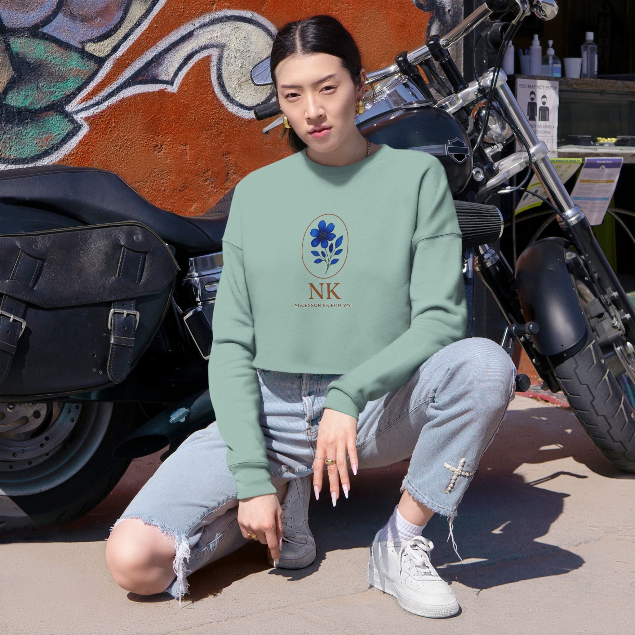 Cropped Sweatshirt — Minimal Floral 'NK' Logo Cropped Sweatshirt