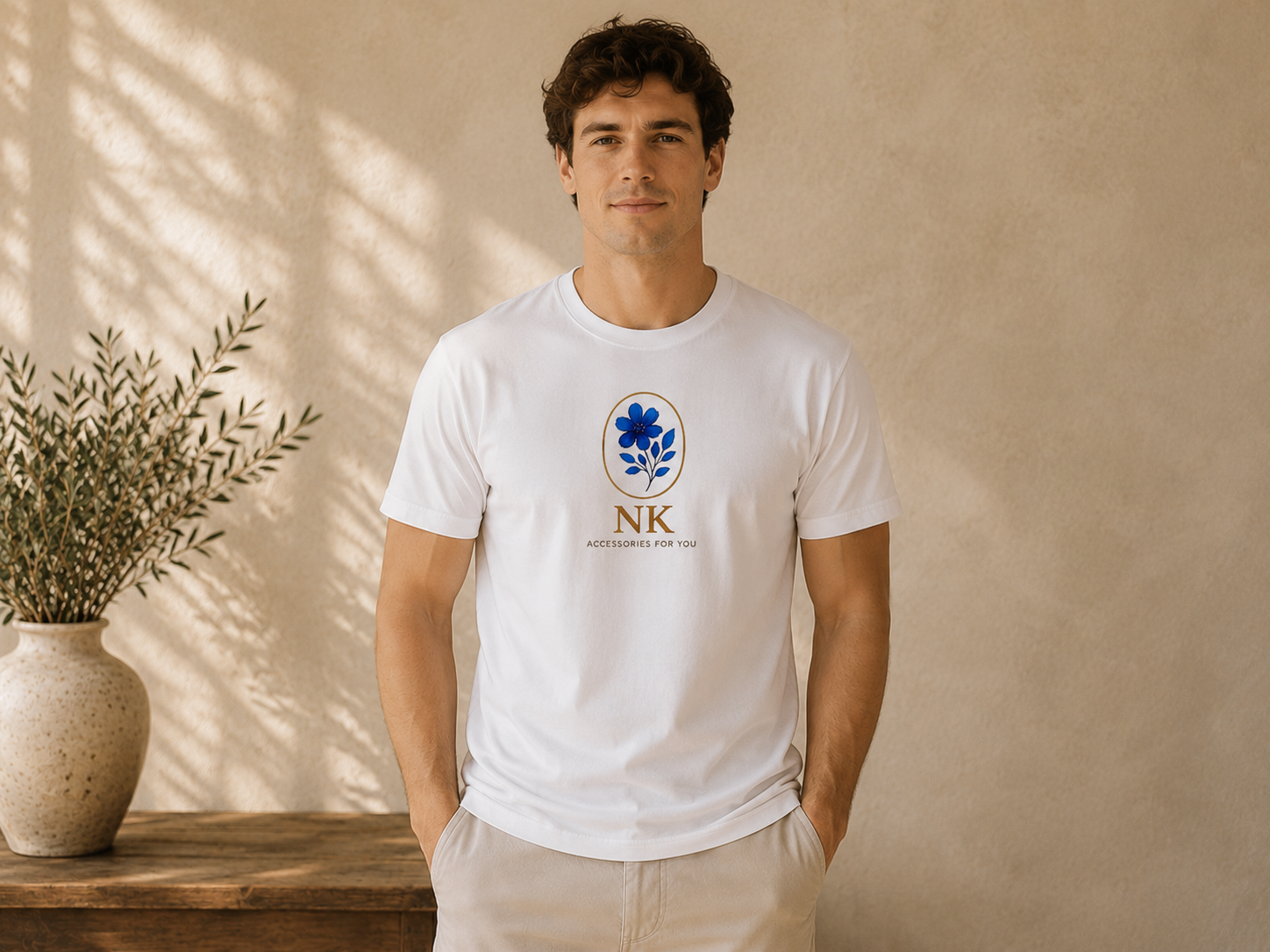 Botanical NK Logo Tee — Minimal Floral Graphic Cotton T-Shirt