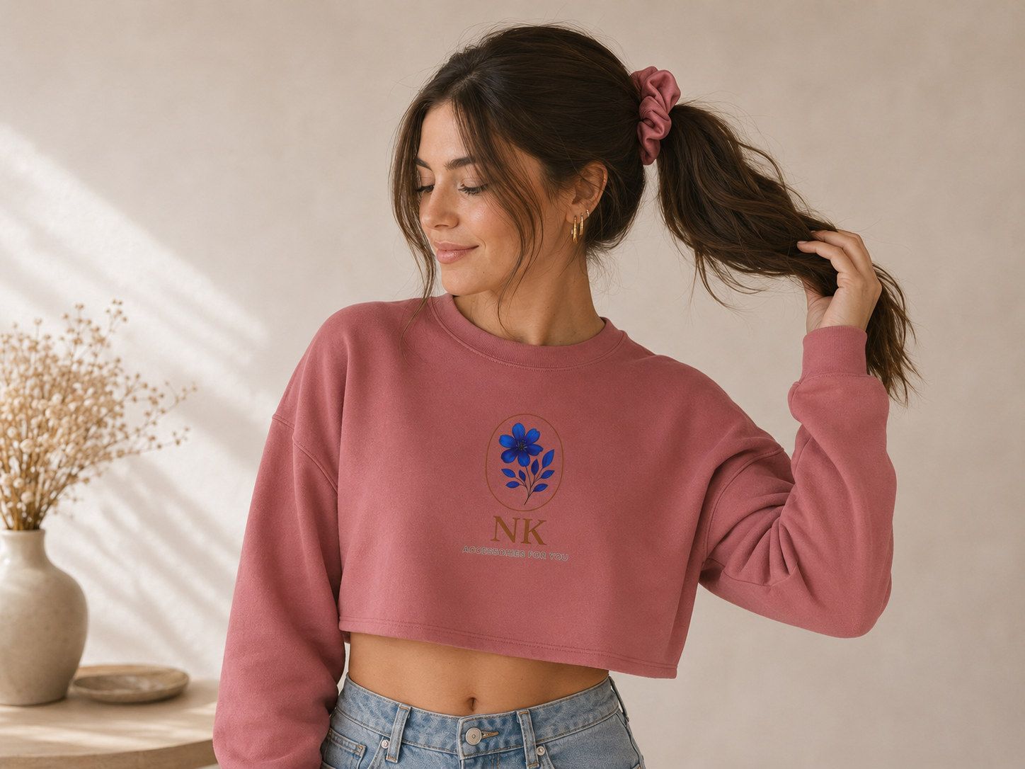 Cropped Sweatshirt — Minimal Floral 'NK' Logo Cropped Sweatshirt